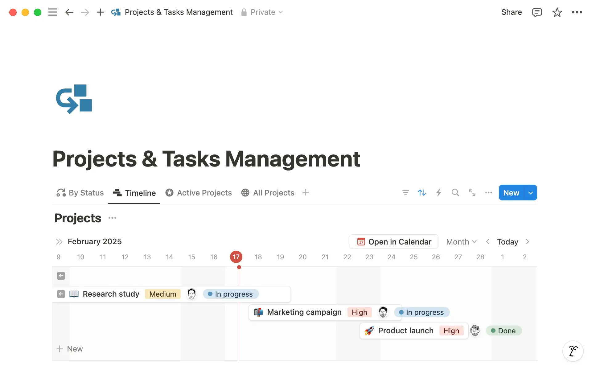 See how different projects overlap using the timeline view with clear start and end dates.