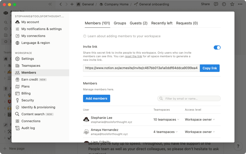 The Settings & members panel gives you access to in-depth workspace settings to customize Notion for your needs.