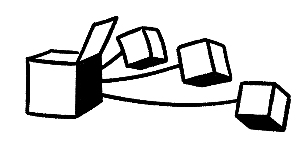 Large box with three little boxes flying out