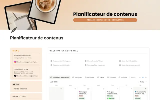 Calendrier éditorial - contenu réseaux sociaux