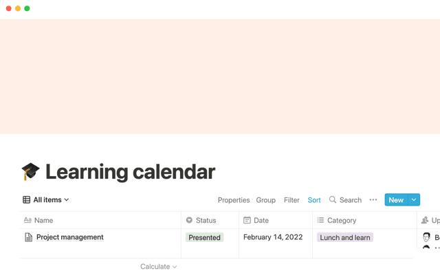 Notion’s learning calendar